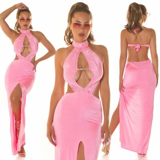 Vestido largo halter rosa con aberturas [0]