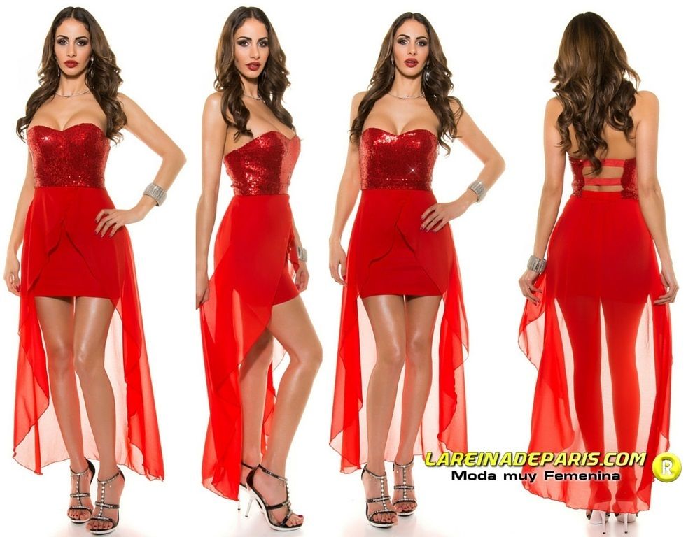 Vestido corto de fiesta rojo con cola