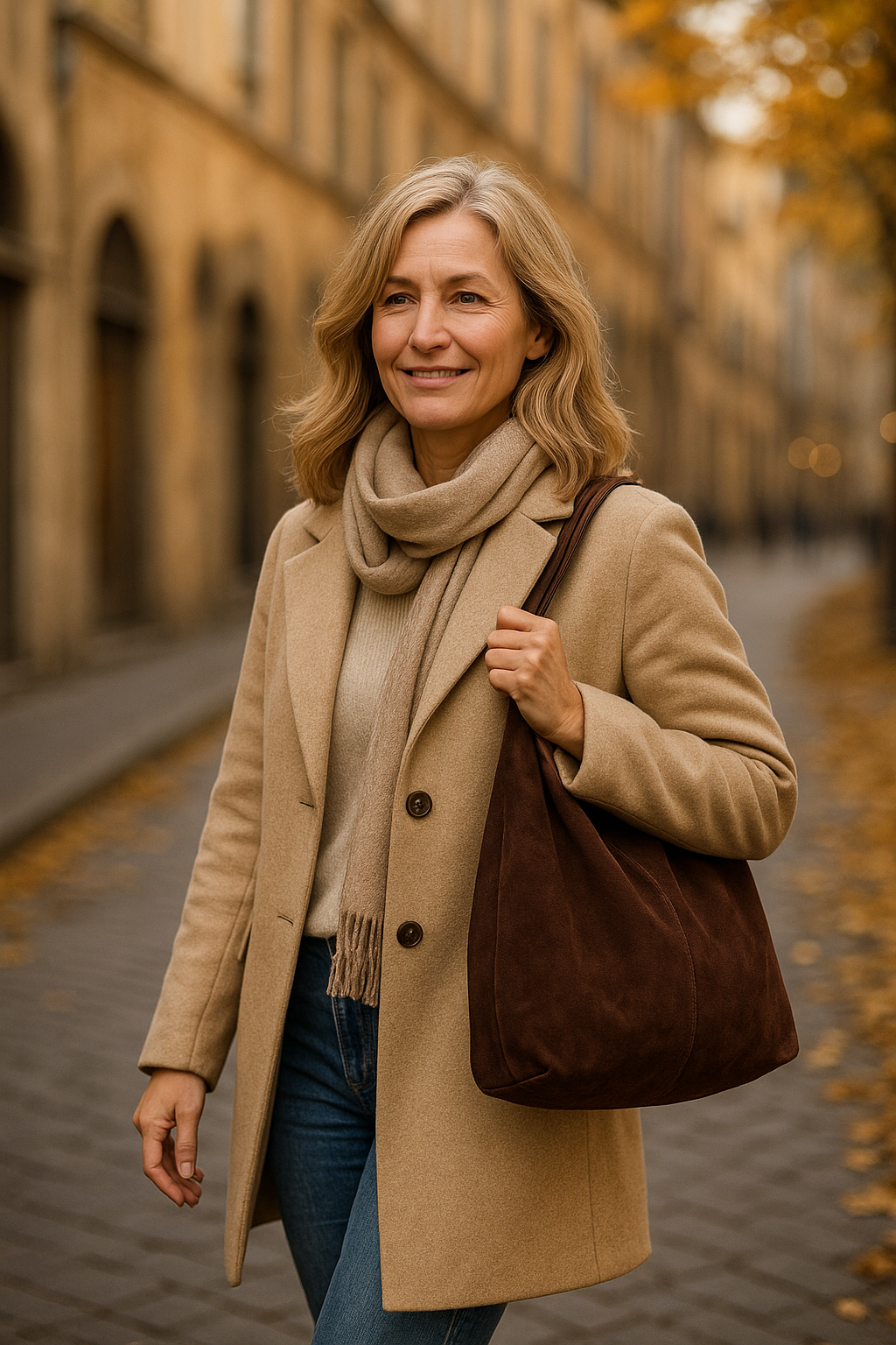 Mujer con bolso de ante color chocolate caminando por la ciudad en otoño · LaMilaSHOP