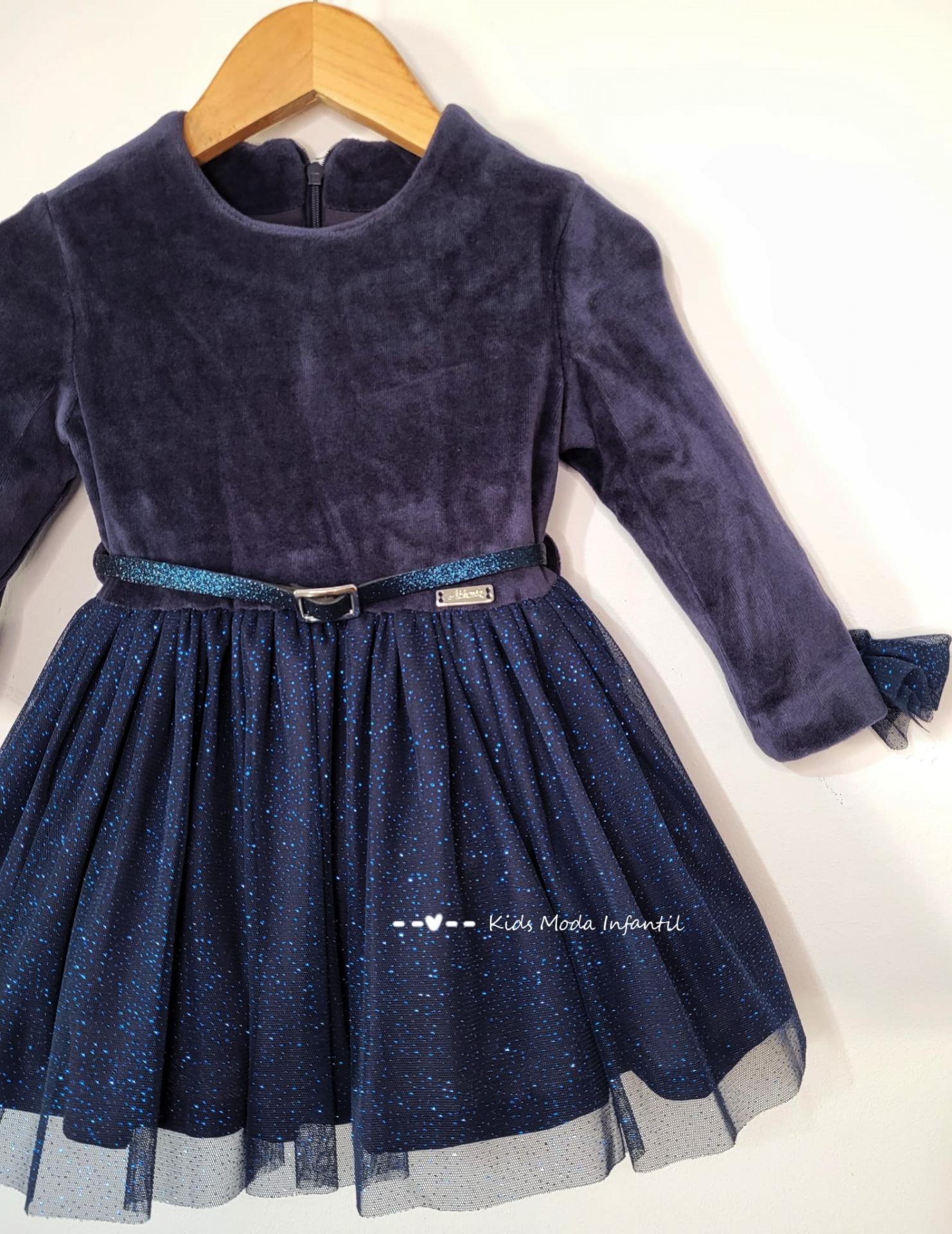 Vestido niña velvet corte cintura y falda tul brillo en color azul marino de Nekenia
