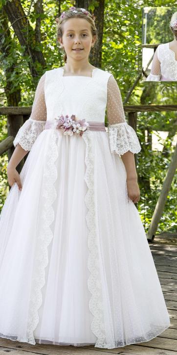 Vestido comunión tul plumeti flocado y fajín rosa empolvado Miguel Serrano Comunión 4677