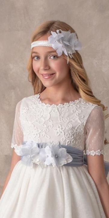 Vestido Comunión Nekenia 2621813 azul empolvado tul blanco roto – Kids Moda Infantil [6]