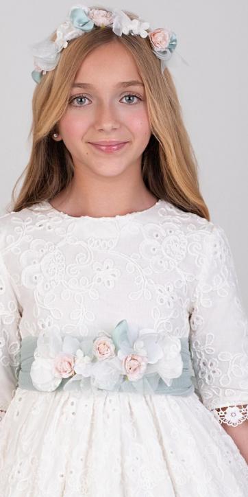 Vestido de Comunión Nekenia 2621814 Blanco con Fajín de Tul Verde Agua – Colección Comunión 2026 [2]