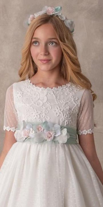 Vestido Comunión Nekenia 2621813 verde agua tul blanco roto – Kids Moda Infantil [2]