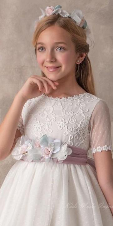 Vestido Comunión Nekenia 2621813 rosa empolvado tul blanco roto – Kids Moda Infantil [1]