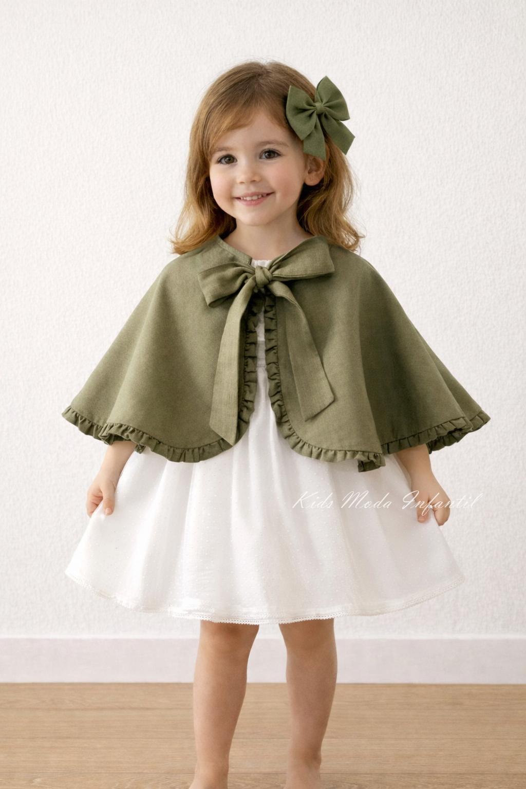 Vestido arras niña blanco tul con fajín lino verde oliva Coco Acqua Ceremonia 60444