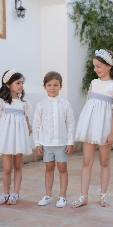 Vestido Ceremonia y Arras Niña Tul Beige Topito y Azul Grisáceo – Eva Martínez Artesanía [2]