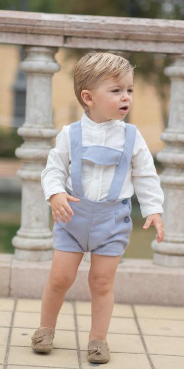 Conjunto ceremonia niño lino blanco roto y peto azul Nekenia 2521501-2521109