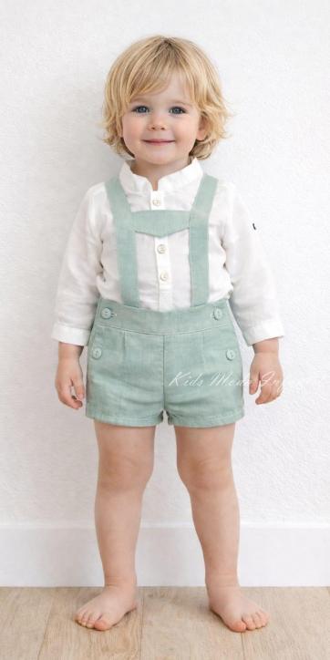 Conjunto ceremonia niño lino blanco roto y peto verde agua Nekenia 2521500-2521109