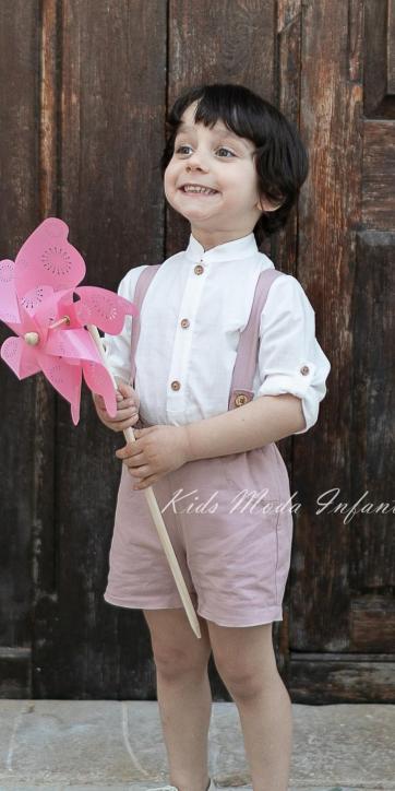 Conjunto ceremonia niño camisa lino y bermuda con tirantes rosa empolvado de coco acqua