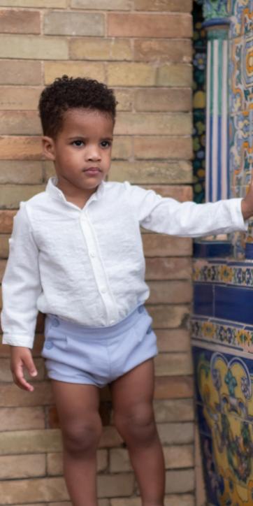 Conjunto ceremonia niño lino blanco roto y pantalón azul empolvado Nekenia 2521501-252110