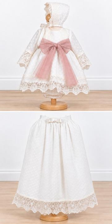 Faldón de Bautizo Desmontable Perla de Gracia Plumeti de Cristal con Jesusito, Capota y Braga – Tul Rosa Empolvado | 4 Piezas [0]