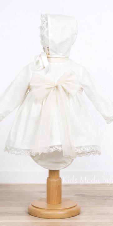 Jesusito de Bautizo para Bebé con Braguita y Capota en Tul Estampado Beige con Lazo de Tul Beige – Fabricación Española