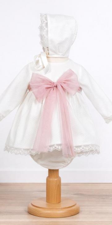Jesusito de Bautizo para Bebé con Braguita y Capota en Tul Estampado Beige con Lazo de Tul Rosa – Fabricación Española