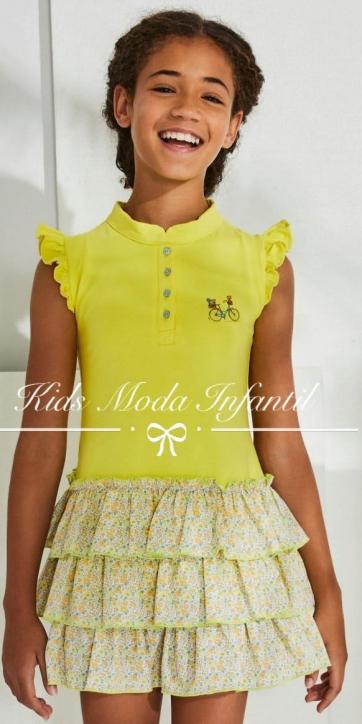 Vestido niña polo amarillo con falda de volantes estampados flores Nekenia [1]