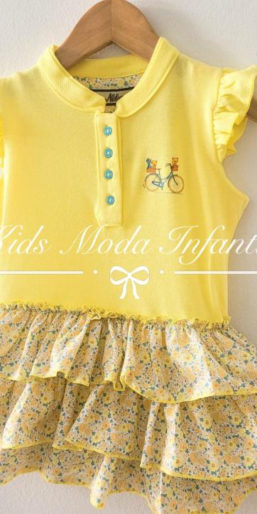 Vestido niña polo amarillo con falda de volantes estampados flores Nekenia [4]
