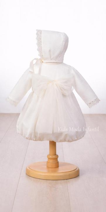 Pelele de Bautizo para Bebé en Tul Estampado Beige con Lazo de Tul Beige y Capota – Fabricación Española