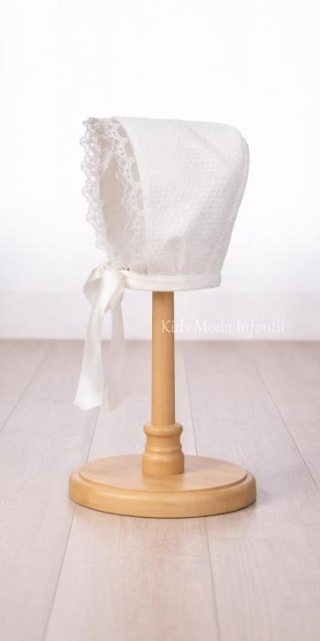 Pelele de Bautizo para Bebé en Tejido Beige Estampado con Lazo de Tul Azul y Capota – Fabricación Española [2]