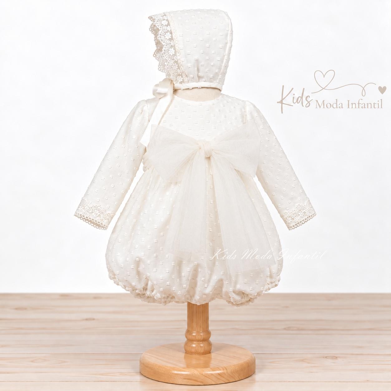 Pelele de Bautizo Bebé Gasa Plumeti Manga Larga con Capota y Tul Beige 26B3920-ML