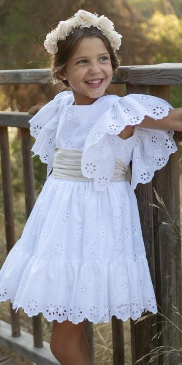Vestido niña vestir bordado blanco con fajín beige de Coco Acqua [1]