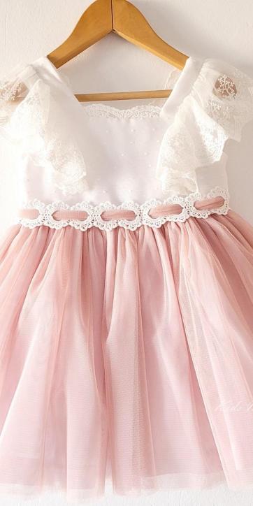 Vestido ceremonia niña lino blanco y tul rosa empolvado Basmarti 25251