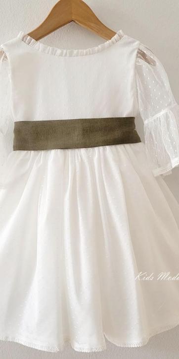 Vestido arras niña blanco tul con fajín lino verde oliva Coco Acqua Ceremonia 60444 [6]