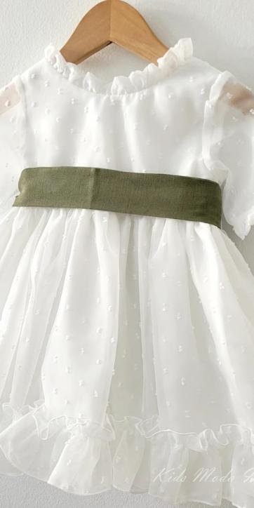 Vestido arras niña plumeti cristal con fajín tul verde oliva Eva Martinez Artesanía [2]