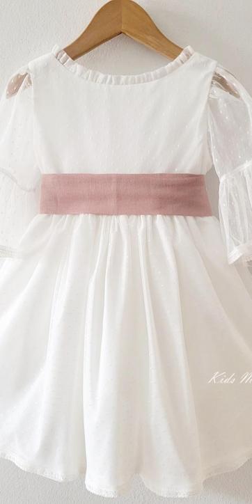 Vestido arras niña blanco tul con fajín lino rosa empolvado Coco Acqua Ceremonia 60444 [0]
