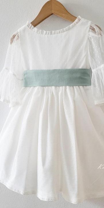 Vestido arras niña blanco tul con fajín lino verde agua Coco Acqua Ceremonia 60444 [6]