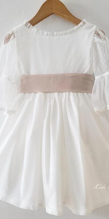 Vestido arras niña blanco tul con fajín lino camel Coco Acqua Ceremonia 60444 [0]