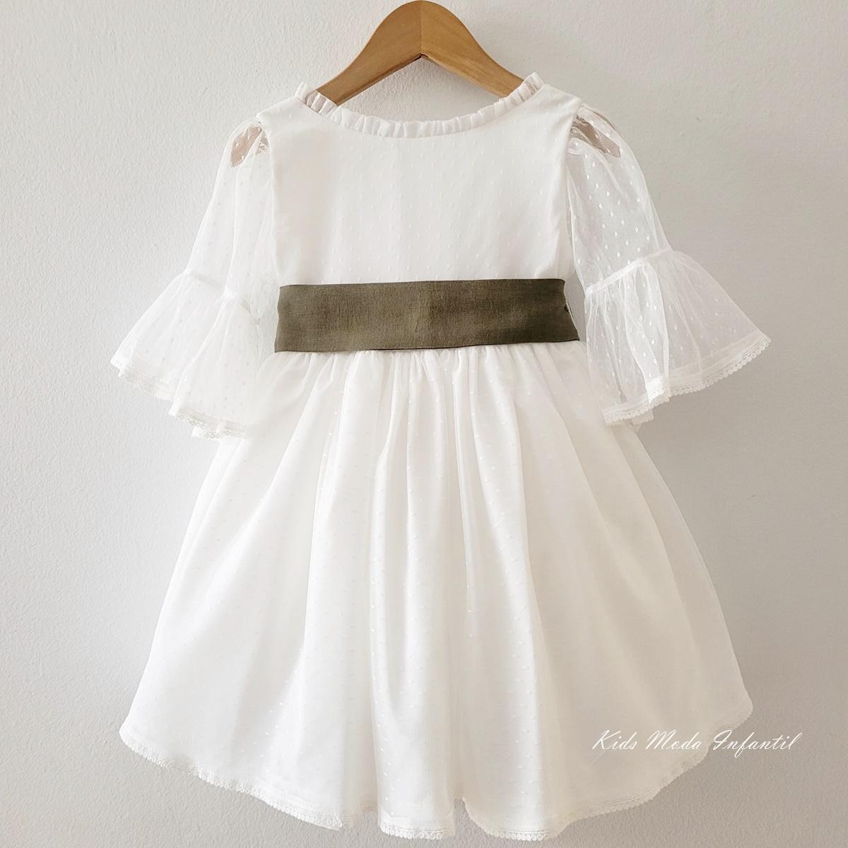Vestido arras niña blanco tul con fajín lino verde oliva Coco Acqua Ceremonia 60444