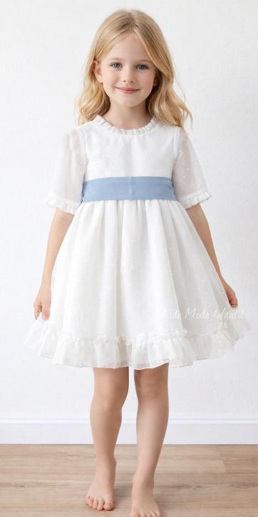 Vestido arras niña plumeti cristal con fajín lino azul Eva Martinez Artesanía 32111