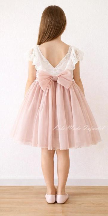 Vestido ceremonia niña lino blanco y tul rosa empolvado Basmarti 25251 [2]