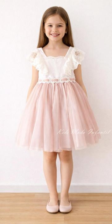 Vestido ceremonia niña lino blanco y tul rosa empolvado Basmarti 25251