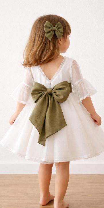 Vestido arras niña blanco tul con fajín lino verde oliva Coco Acqua Ceremonia 60444 [2]