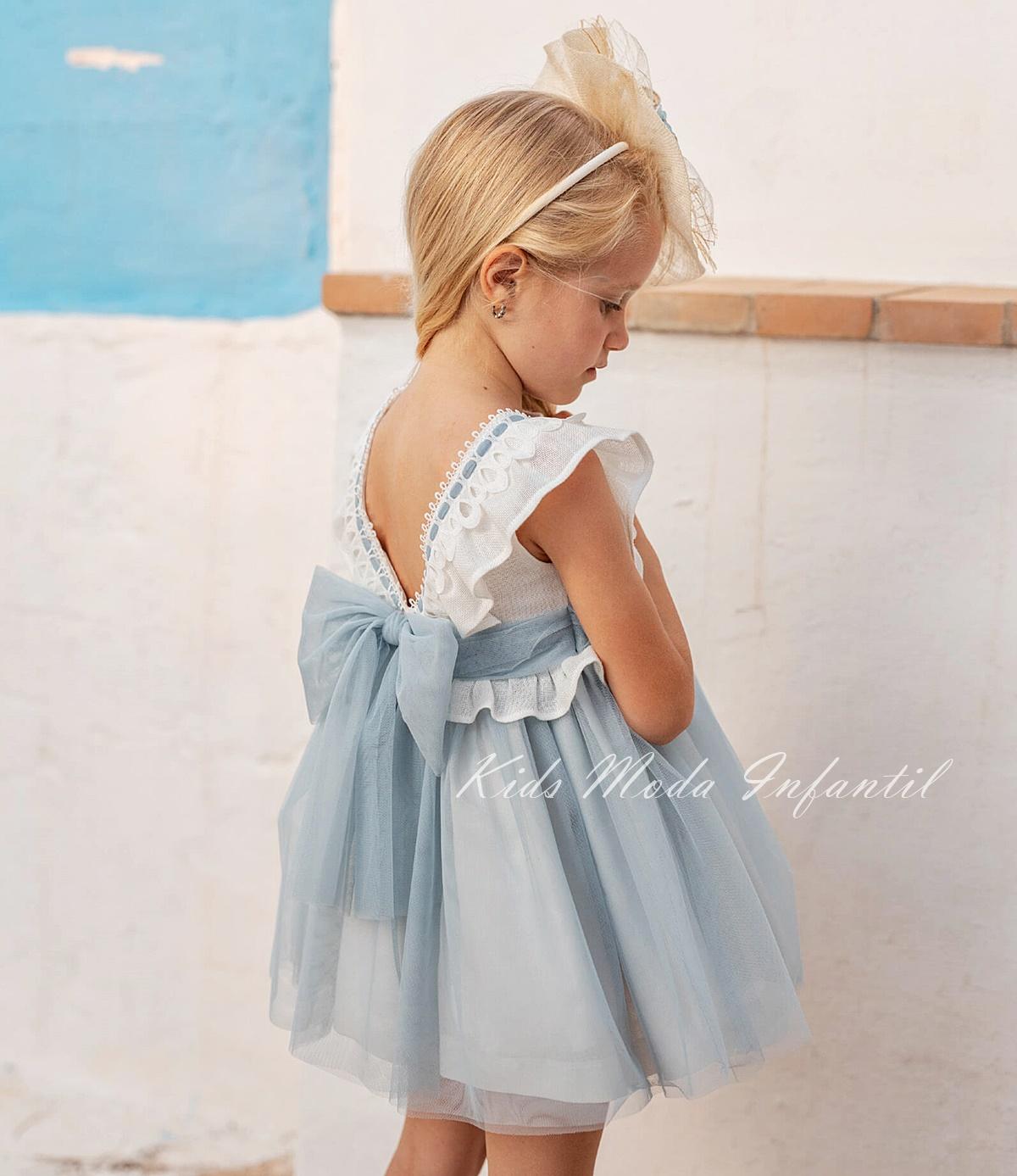 Vestido ceremonia niña de lino y tul azul empolvado Basmarti