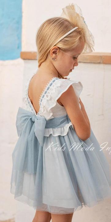 Vestido ceremonia niña de lino y tul azul empolvado Basmarti [0]