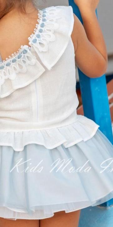 Vestido ceremonia niña talle bajo de lino y tul azul empolvado Basmarti [3]