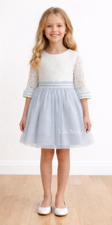 Vestido niña ceremonia encaje y tul azul empolvado manga francesa Basmarti [2]