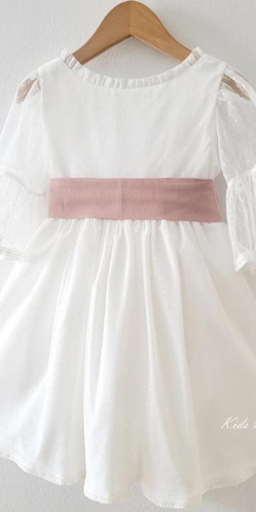 Vestido arras niña blanco tul con fajín lino rosa empolvado Coco Acqua Ceremonia 60444 [2]