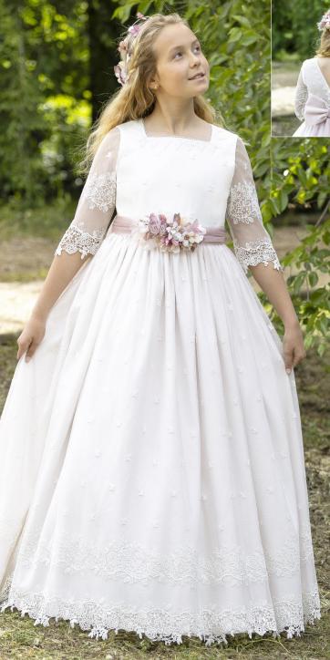 Vestido comunión niña tul bordado blanco combinado con tul rosa empolvado Miguel Serrano Comunión 4652 [2]