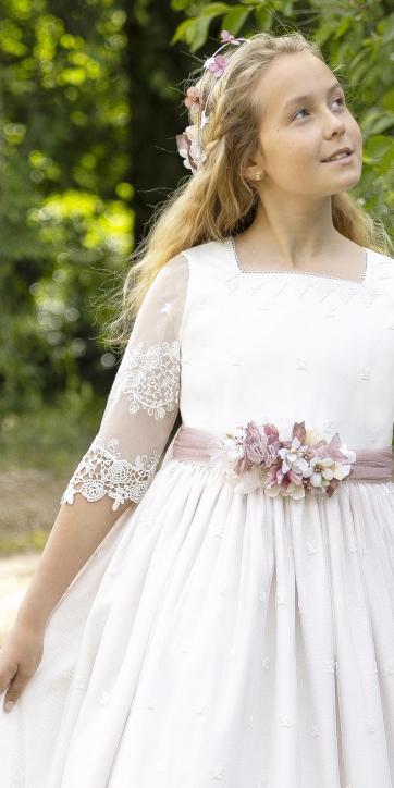 Vestido comunión niña tul bordado blanco combinado con tul rosa empolvado Miguel Serrano Comunión 4652 [1]