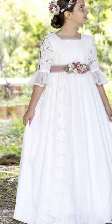 Vestido comunión niña batista bordada blanco con fajín rosa empolvado Miguel Serrano Comunión 4657 [0]