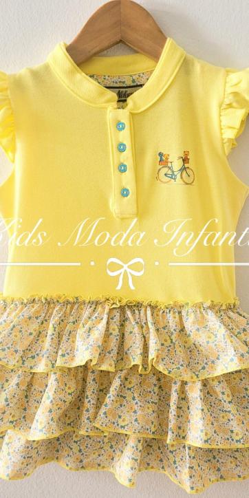 Vestido niña polo amarillo con falda de volantes estampados flores Nekenia [0]