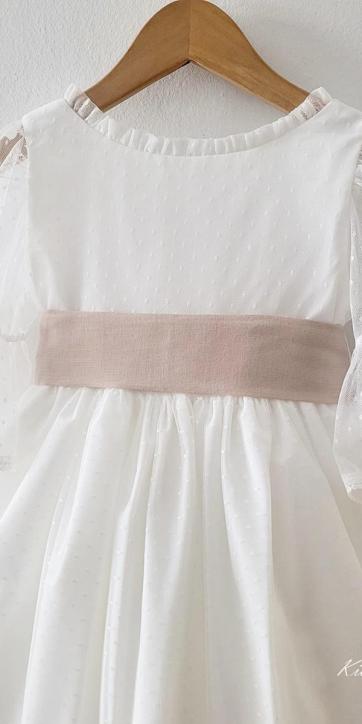 Vestido arras niña blanco tul con fajín lino camel Coco Acqua Ceremonia 60444 [2]