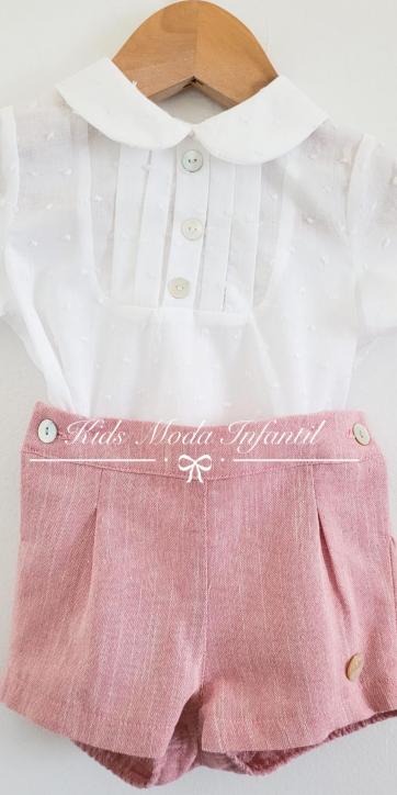 Conjunto bebé camisa plumeti y short rosa empolvado Basmartí [3]