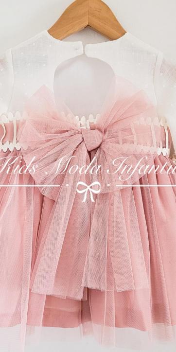 Vestido niña vestir ceremonia lino beige y falda de rosa empolvado Basmarti  [1]