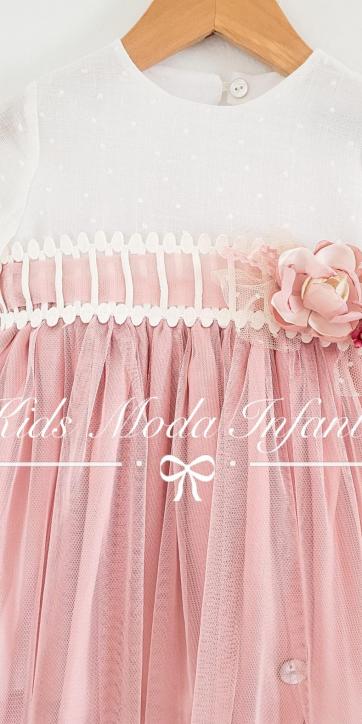 Vestido niña vestir ceremonia lino beige y falda de rosa empolvado Basmarti  [4]