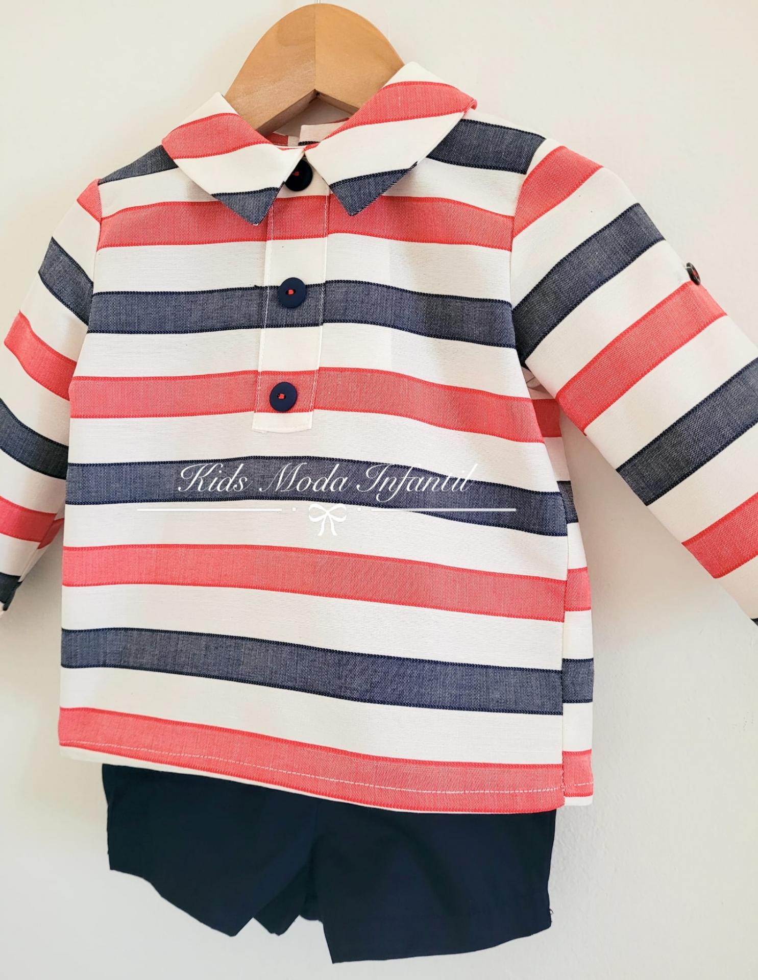Conjunto bebé niño camisa rayas marineras y pantalón marino Basmartí