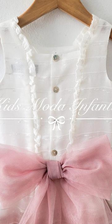 Vestido niña arras talle bajo blanco con fajín tul rosa empolvado Basmartí [4]